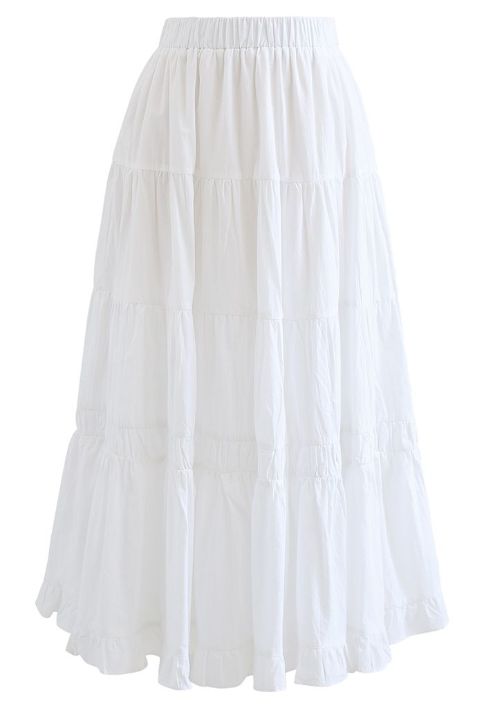Solid Color Frilling Cotton Midi Skirt in White - Retro, Indie and ...