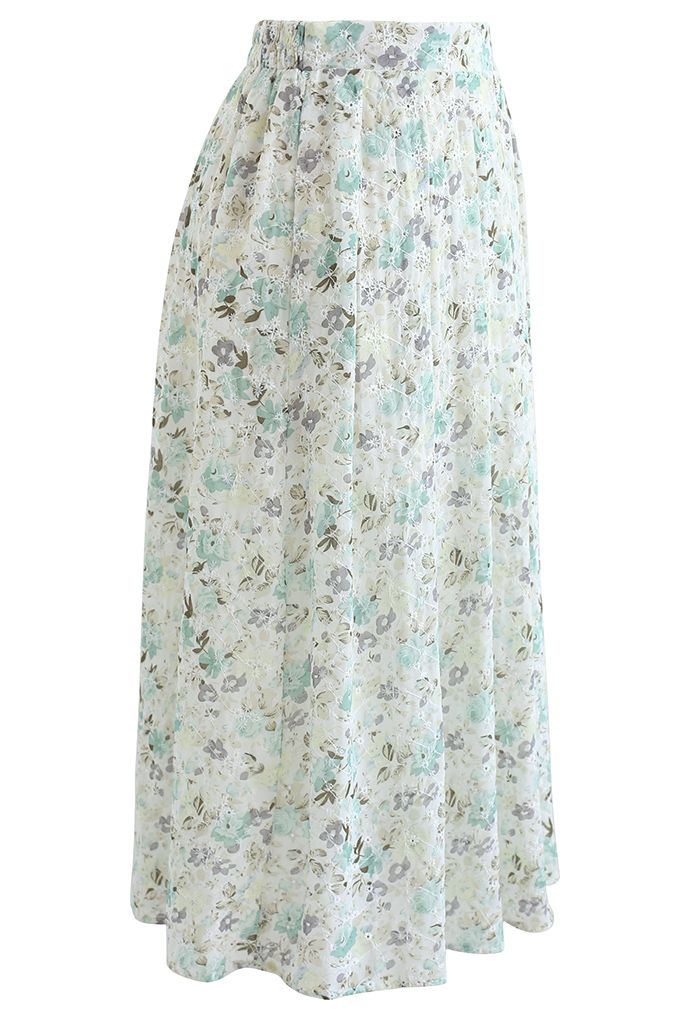 Minty Floral Print Embroidered Eyelet Pleated Skirt - Retro, Indie and ...