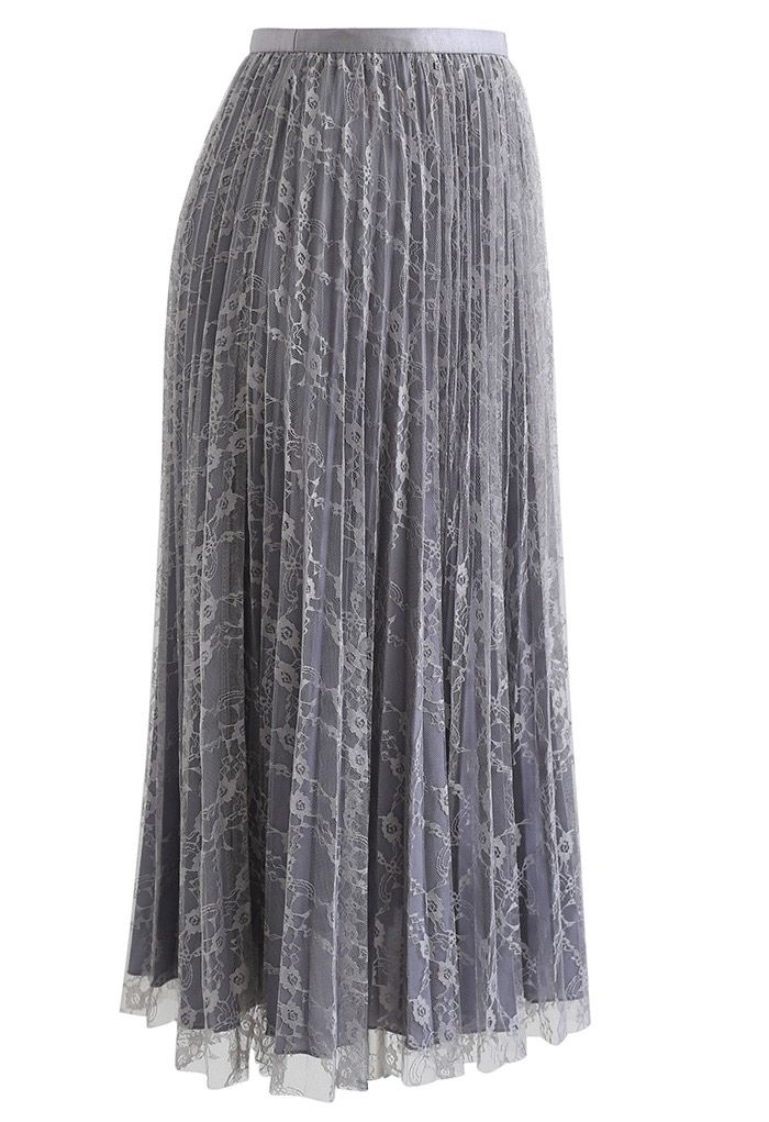 Full Lace Pleated Midi Skirt in Grey - Retro, Indie and Unique Fashion