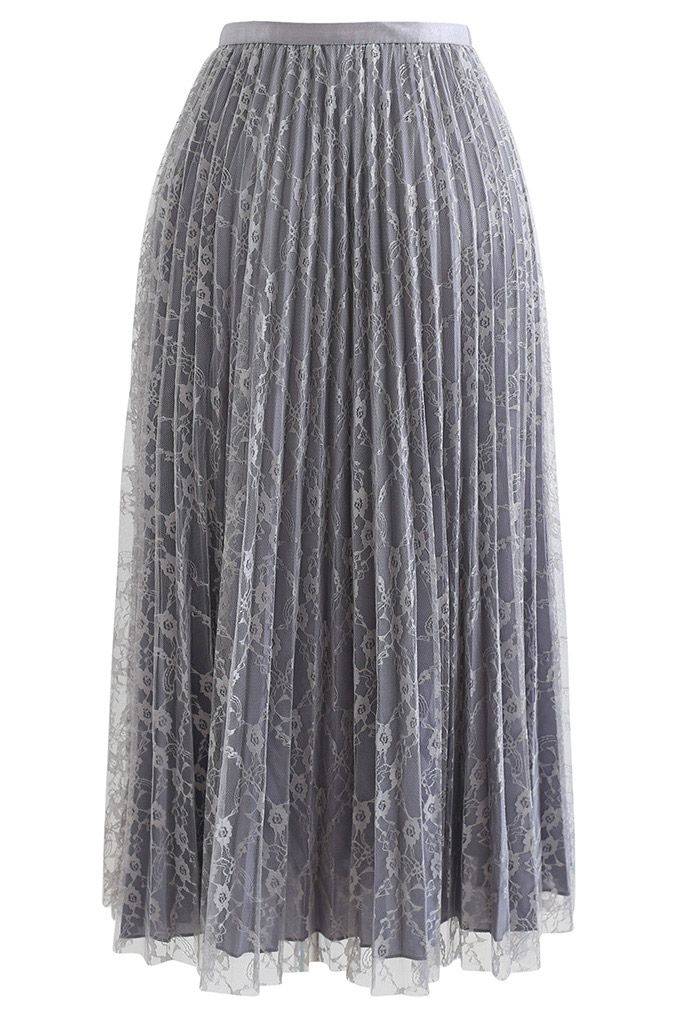 Full Lace Pleated Midi Skirt in Grey - Retro, Indie and Unique Fashion