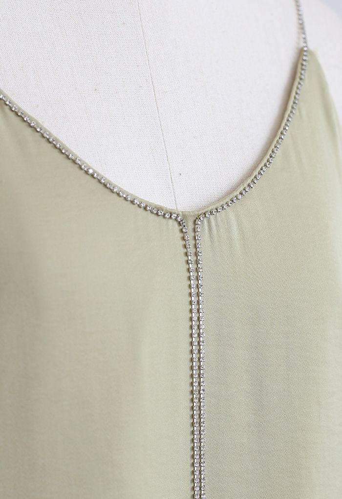 Crystal Straps Satin Tank Top in Olive