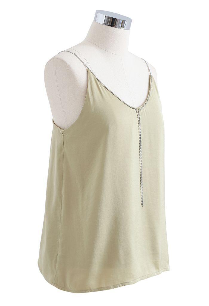 Crystal Straps Satin Tank Top in Olive