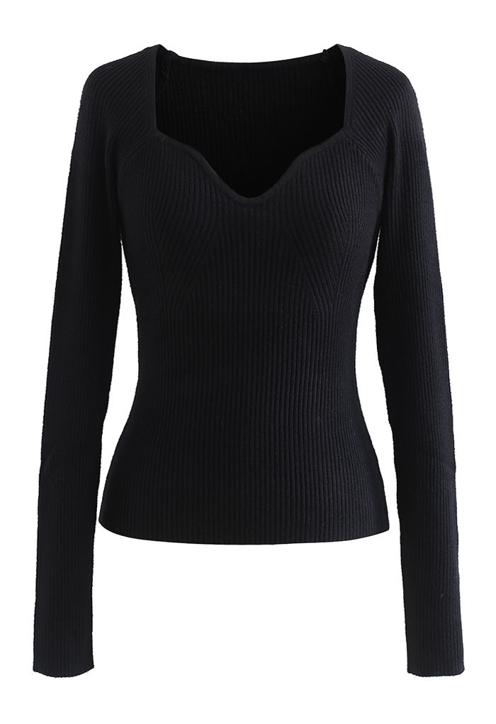 Square Neck Long Sleeves Fitted Knit Top in Black - Retro, Indie and Unique  Fashion
