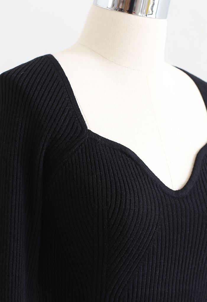 Square Neck Long Sleeves Fitted Knit Top in Black - Retro, Indie and ...