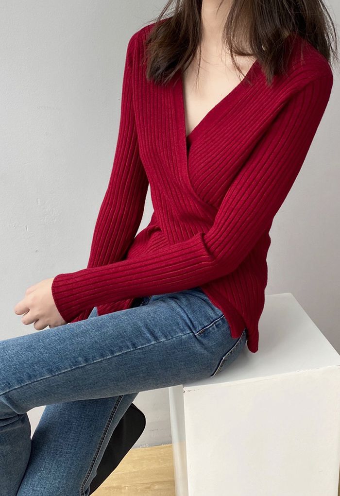 Crisscross Fitted Rib Knit Top in Wine - Retro, Indie and Unique Fashion