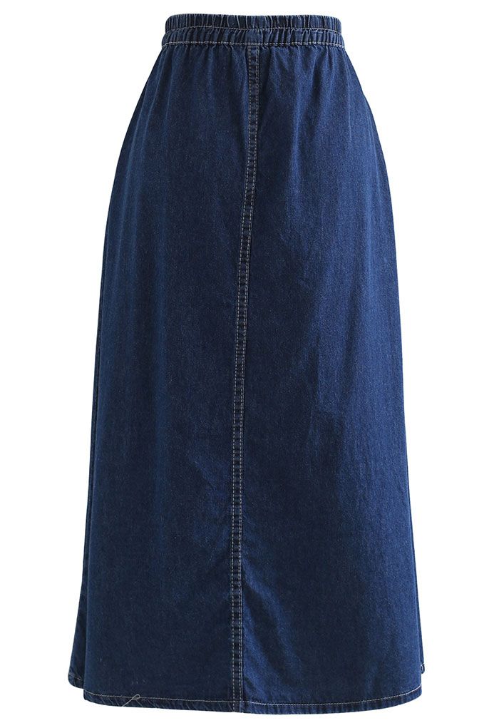 Elastic Back Waist A-Line Denim Skirt in Navy - Retro, Indie and Unique ...