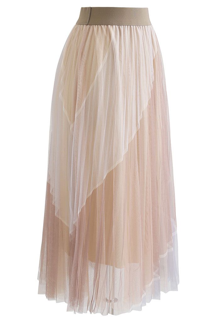 Double-Layered Color Block Mesh Tulle Midi Skirt in Caramel - Retro ...