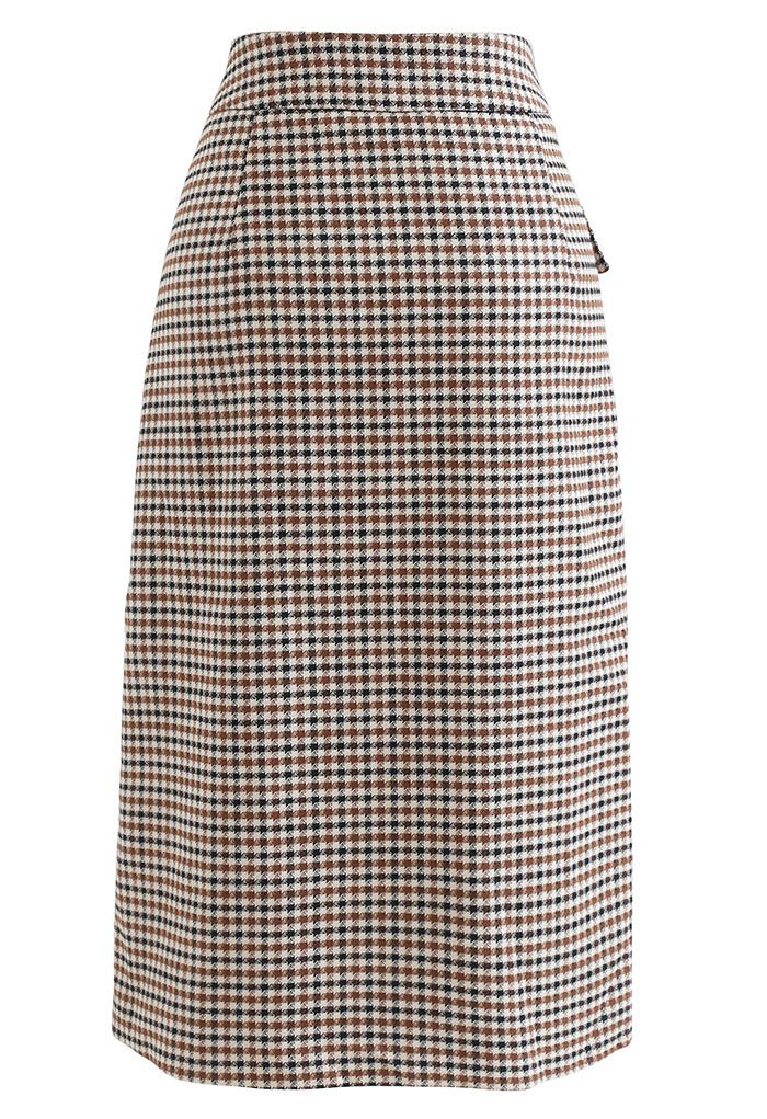 Houndstooth Print Flap Midi Skirt