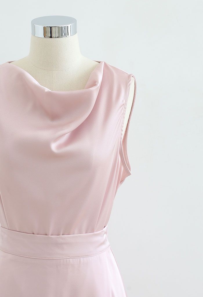 Satin Drape Neck Sleeveless Top and A-Line Skirt in Pink