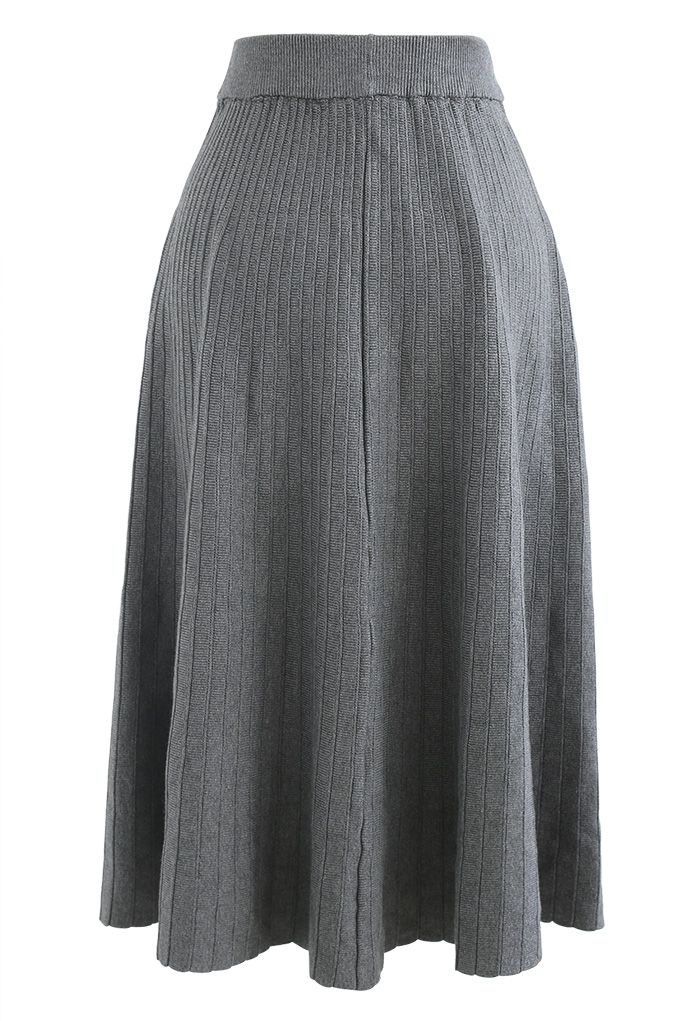 Button Front A-Line Knit Midi Skirt in Grey