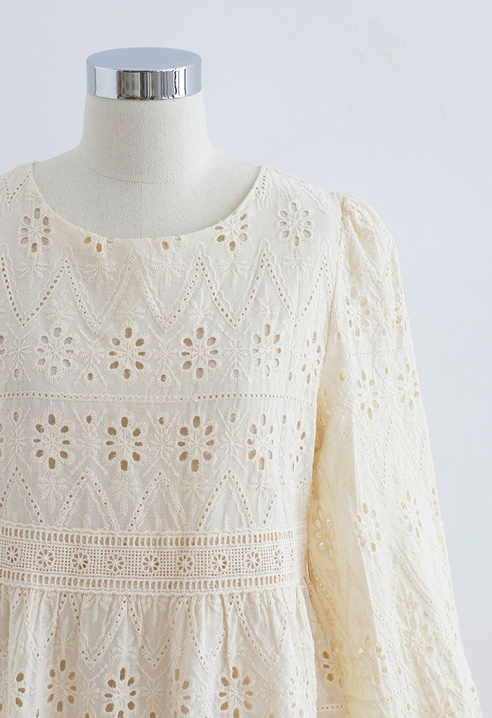 Floret Eyelet Embroidered Dress in Cream - Retro, Indie and Unique Fashion