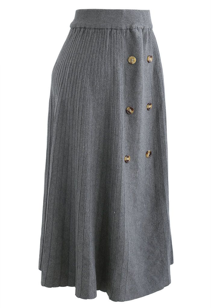 Button Front A-Line Knit Midi Skirt in Grey