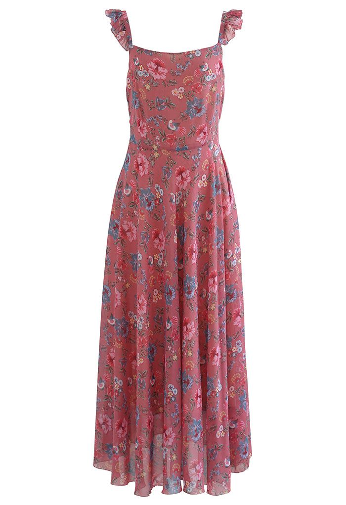 Multi Floral Print Ruffle Straps Maxi Dress