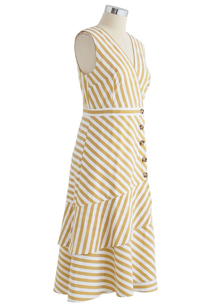 Stripe Print Buttoned Sleeveless Dress