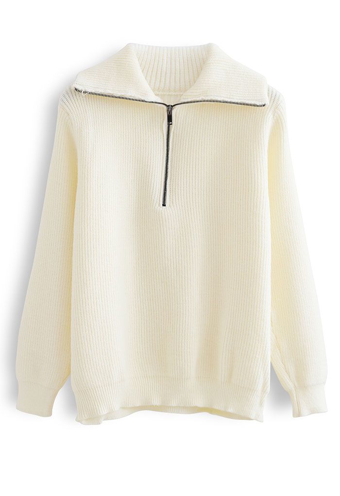 High Zipper Collar Knit Sweater in Cream