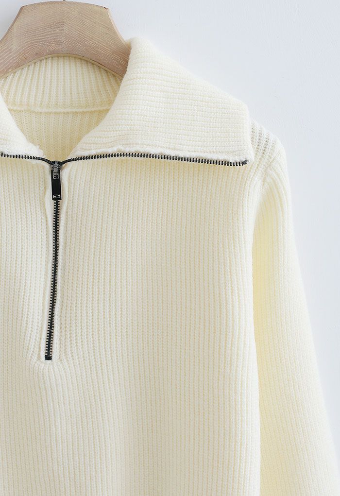 High Zipper Collar Knit Sweater in Cream