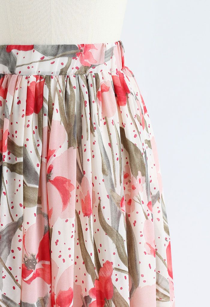 Floral Print Chiffon Pleated Maxi Skirt