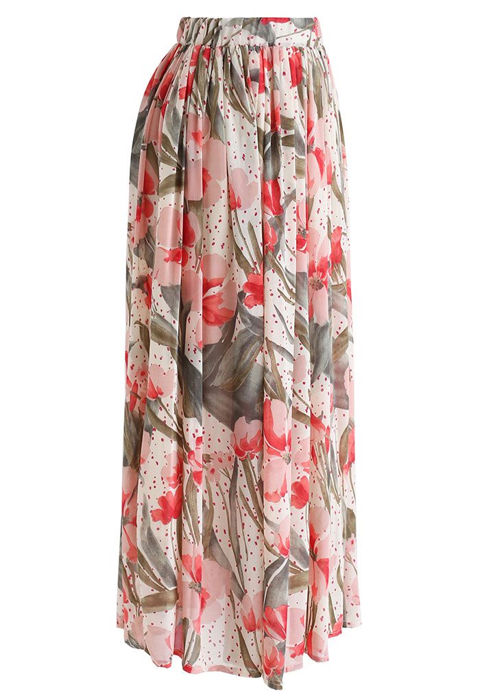 Floral Print Chiffon Pleated Maxi Skirt