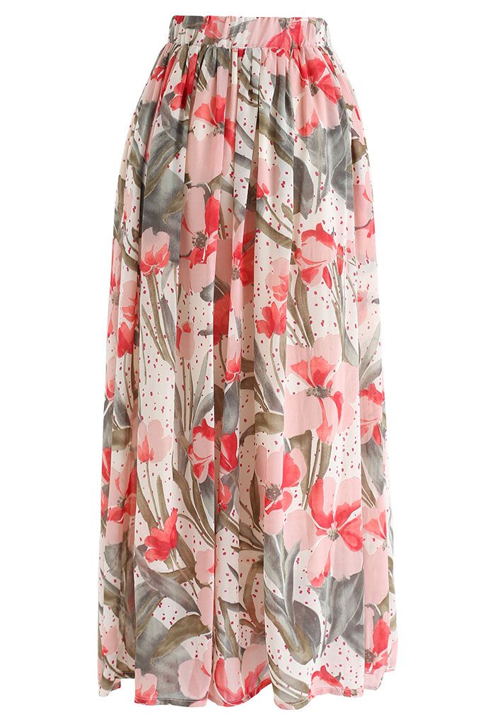 Floral Print Chiffon Pleated Maxi Skirt