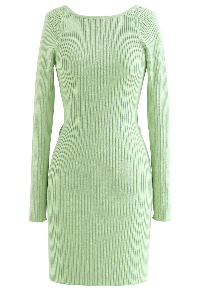 Twist Back Ribbed Bodycon Knit Dress in Green