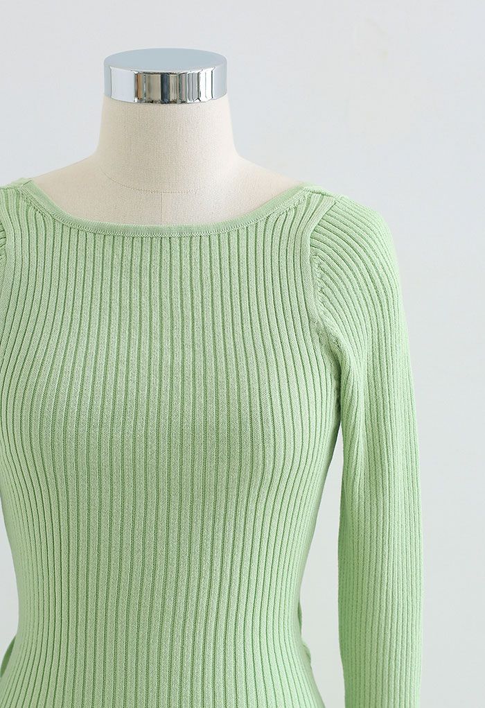 Twist Back Ribbed Bodycon Knit Dress in Green