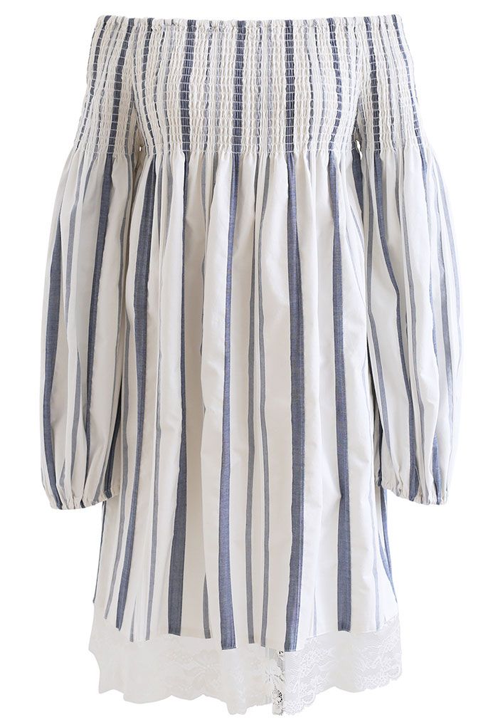 Off-Shoulder Striped Shirred Dress