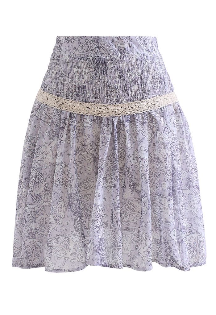 Leaf Print Crochet Decorated Top and Skirt Set in Lilac