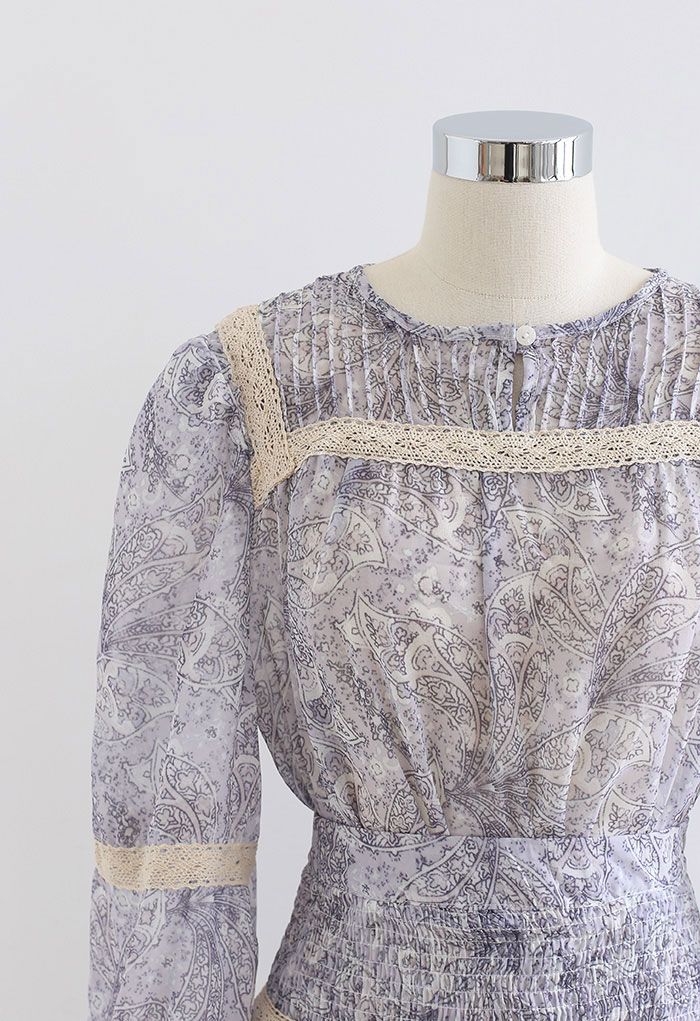 Leaf Print Crochet Decorated Top and Skirt Set in Lilac