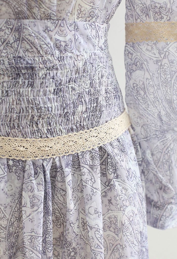 Leaf Print Crochet Decorated Top and Skirt Set in Lilac