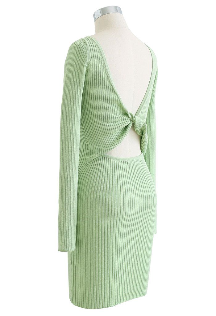 Twist Back Ribbed Bodycon Knit Dress in Green