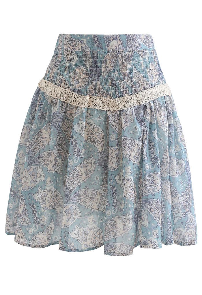 Leaf Print Crochet Decorated Top and Skirt Set in Teal