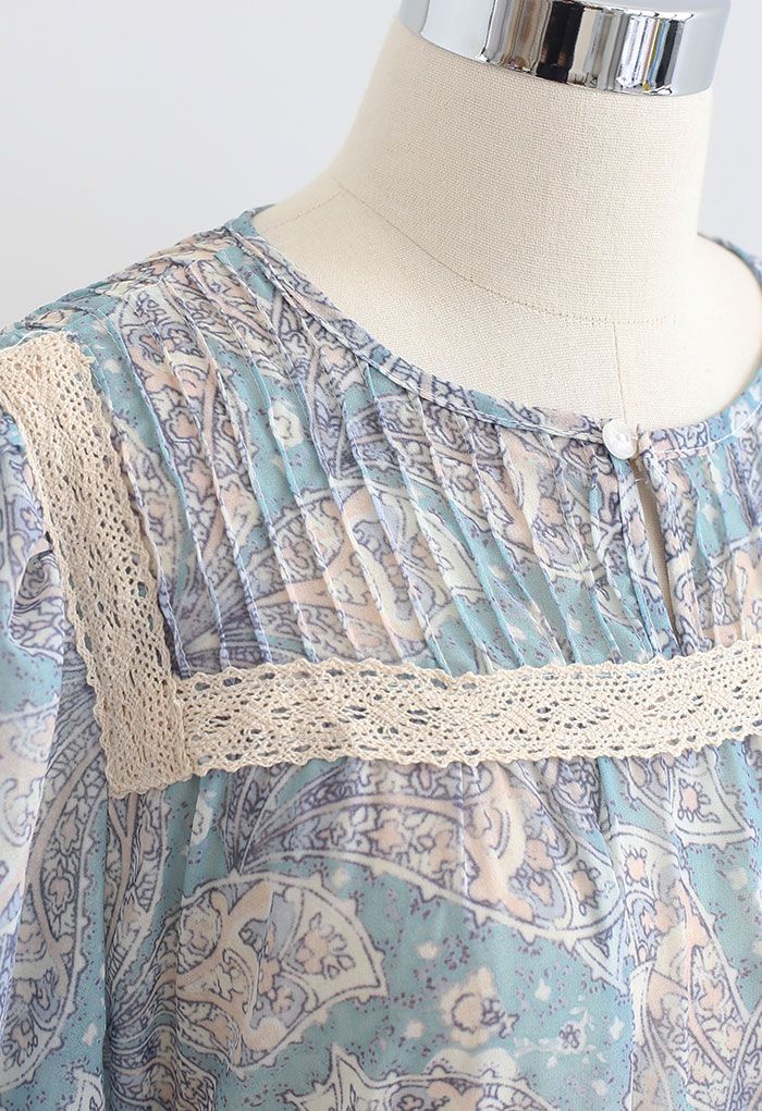 Leaf Print Crochet Decorated Top and Skirt Set in Teal