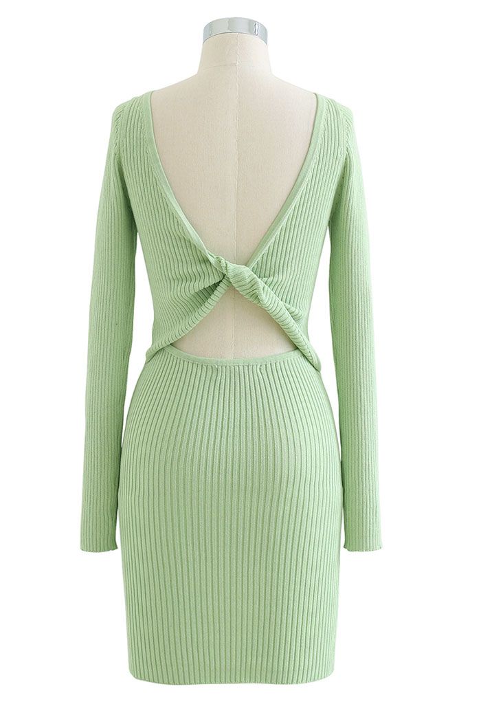 Twist Back Ribbed Bodycon Knit Dress in Green