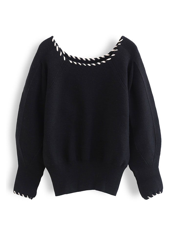 Square Neck Puff Sleeve Knit Sweater in Black