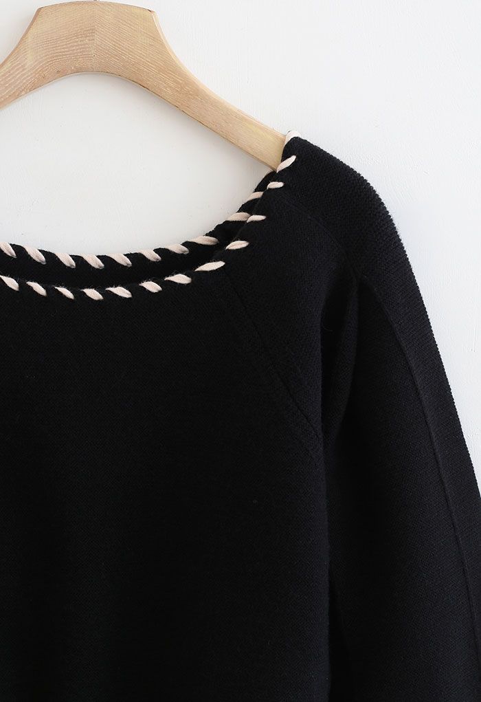 Square Neck Puff Sleeve Knit Sweater in Black