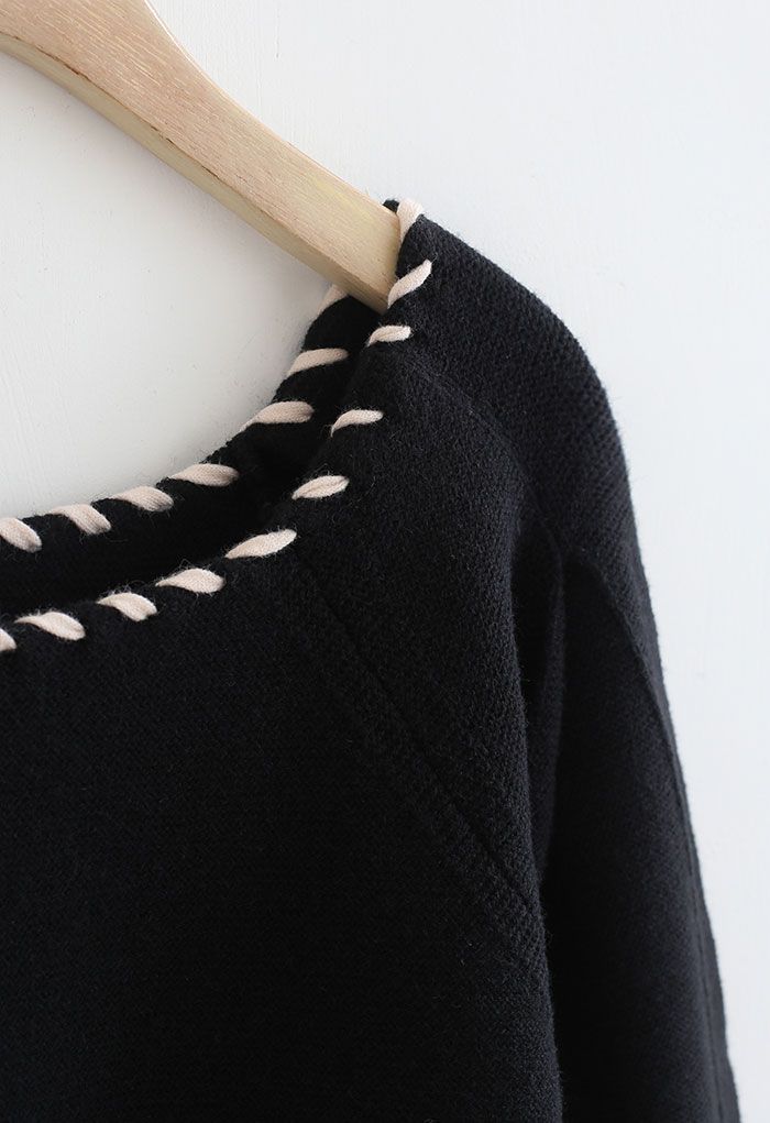 Square Neck Puff Sleeve Knit Sweater in Black