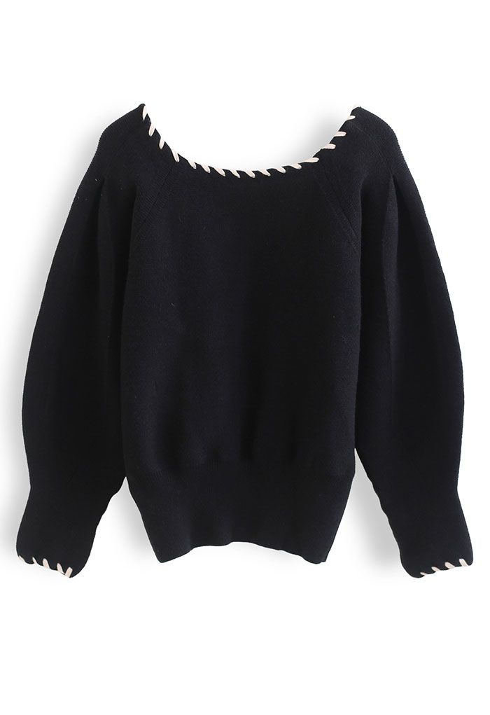Square Neck Puff Sleeve Knit Sweater in Black - Retro, Indie and Unique ...