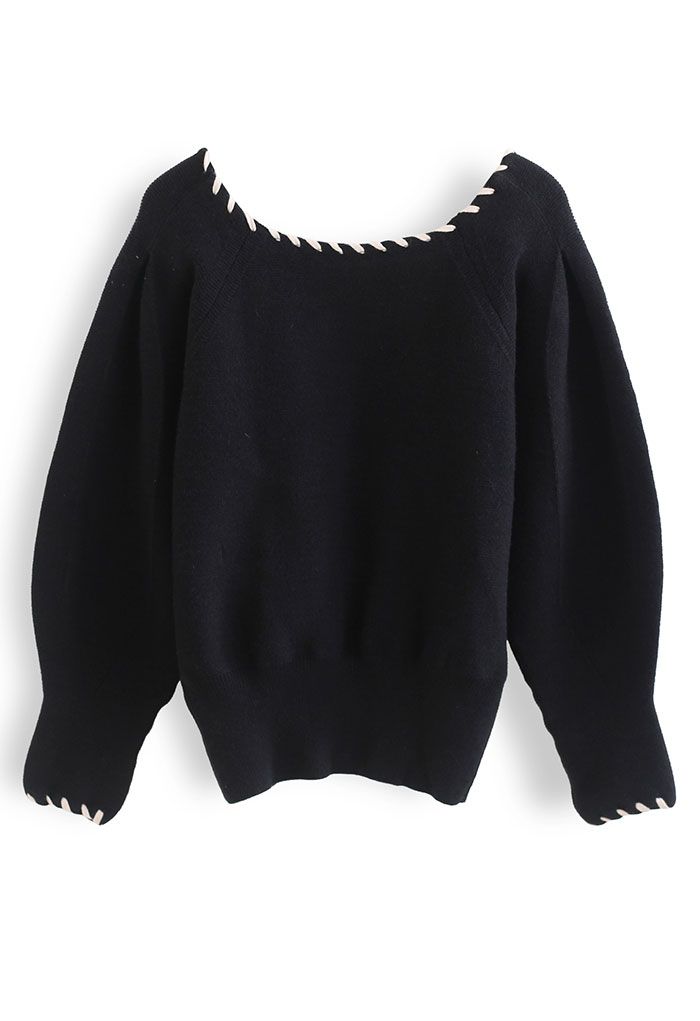 Square Neck Puff Sleeve Knit Sweater in Black