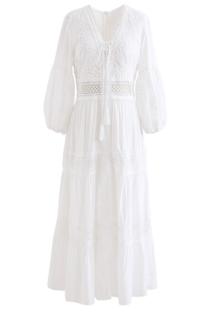 Sunflower Embroidered Lace-Up Front White Maxi Dress - Retro, Indie and ...