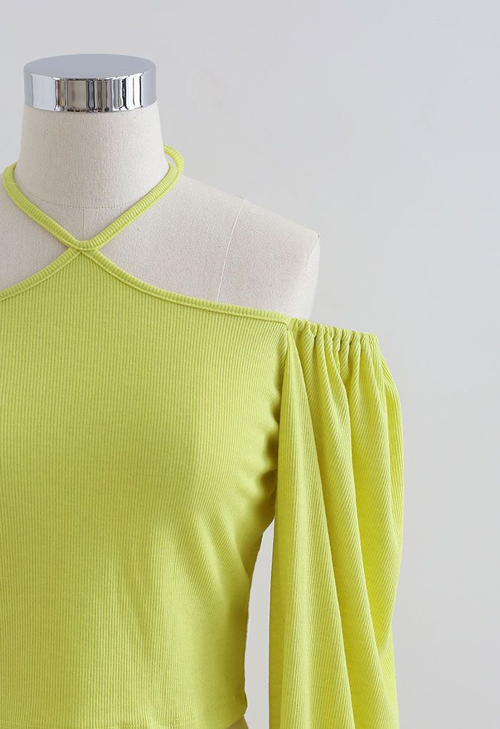 Tie Neck Puff Sleeve Crop Top in Lime - Retro, Indie and Unique Fashion