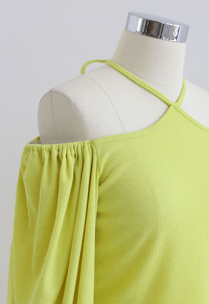 Tie Neck Puff Sleeve Crop Top in Lime