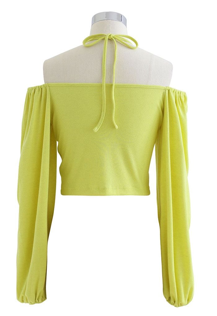 Tie Neck Puff Sleeve Crop Top in Lime