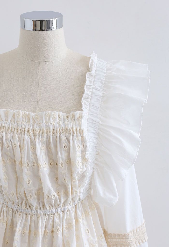 Square Neck Embroidered Cotton Top in Cream