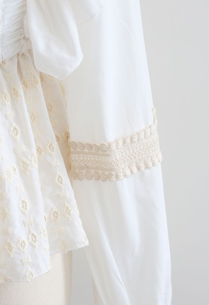 Square Neck Embroidered Cotton Top in Cream