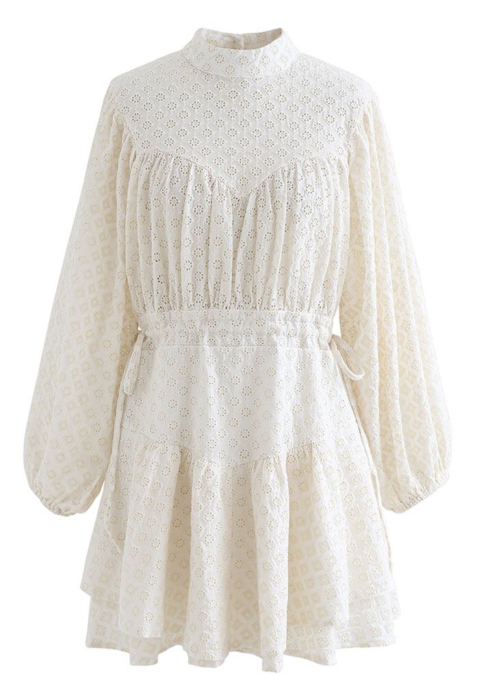 Diamond Embroidered Drawstring Waist Mini Dress in Cream