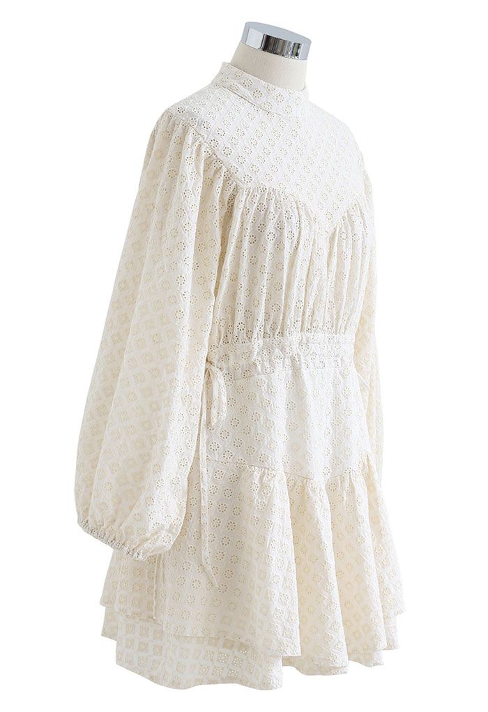 Diamond Embroidered Drawstring Waist Mini Dress in Cream