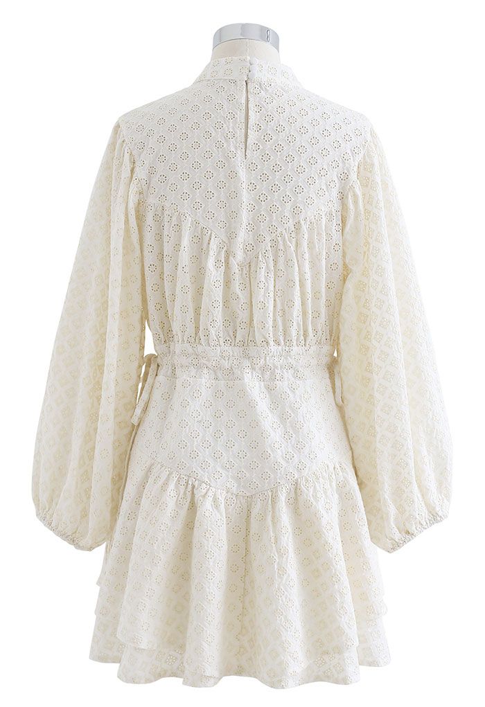 Diamond Embroidered Drawstring Waist Mini Dress in Cream