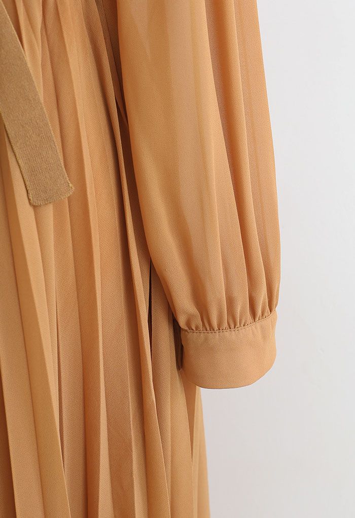 Knit Spliced Self-Tie Pleated Wrap Midi Dress in Caramel - Retro, Indie ...