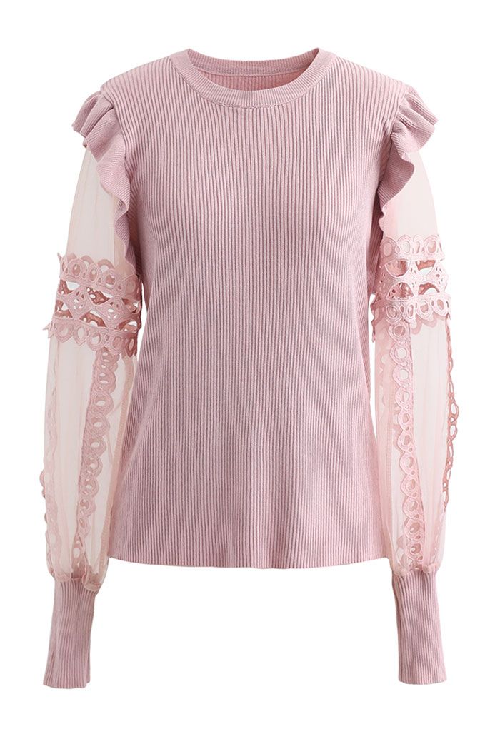 Lace-Adorned Mesh Sleeve Knit Top in Pink - Retro, Indie and Unique Fashion