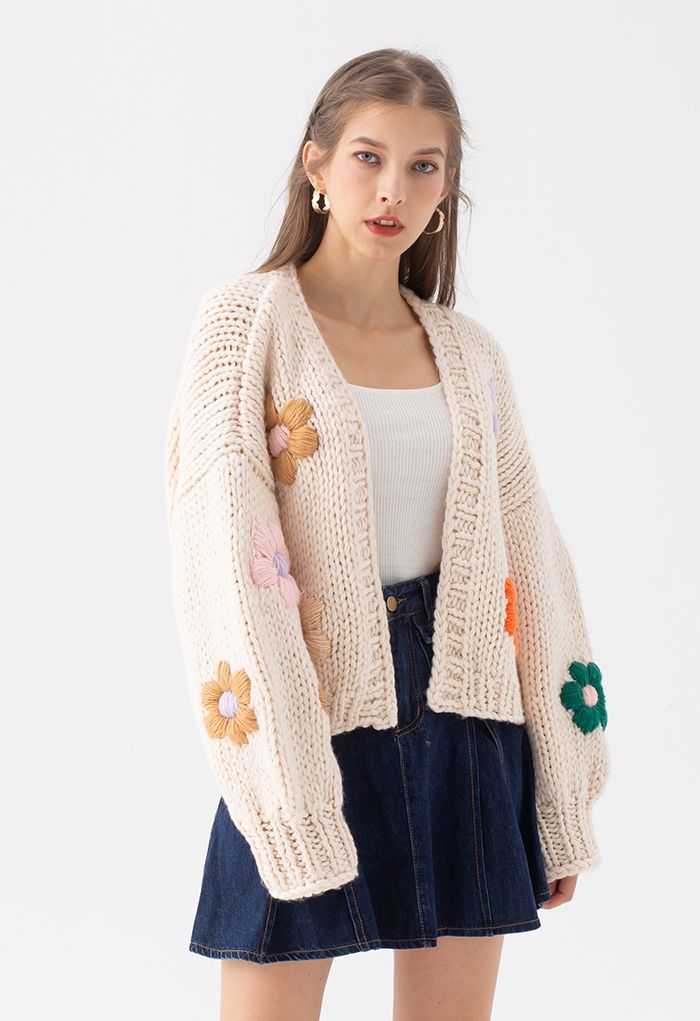 Stitch Flowers Hand-Knit Chunky Cardigan in Cream - Retro, Indie and ...